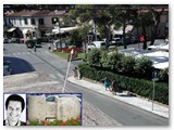 Vista dalla scalinata di via Asmara. In basso il monumento oggi rimosso posto al centro della piazza ed il suo autore, lo scultore M. di Cesare. 