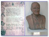 Copia della pergamena con le firme del Papa, del Vescovo, del Sindaco e del Parroco. Busto del Papa di Renzo Creatini.